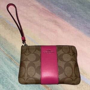 COACH Brown and Fuchsia Coated Canvas Wristlet